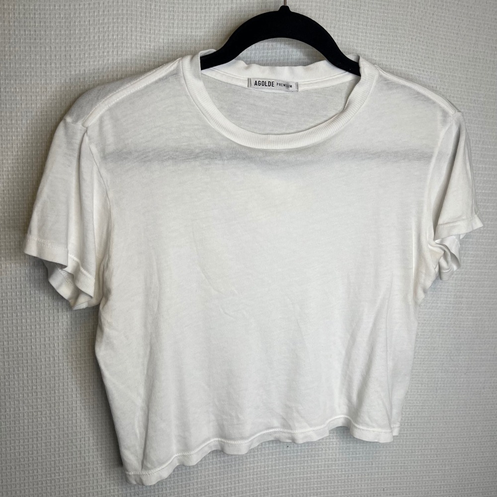 Agolde Premium White Cotton Short Sleeve Cropped Tee Shirt A7012 Women Size S